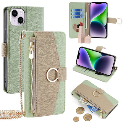 iPhone 14 Plus Crossbody Phone Case with Litchi Texture Leather, Adjustable Kickstand, Card Slots, Zipper Purse, Makeup Mirror, and TPU Protection