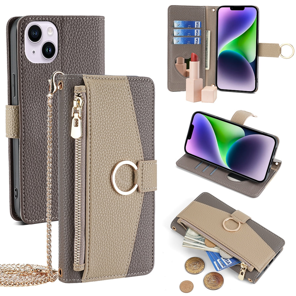 iPhone 14 Plus Crossbody Phone Case with Litchi Texture Leather, Adjustable Kickstand, Card Slots, Zipper Purse, Makeup Mirror, and TPU Protection