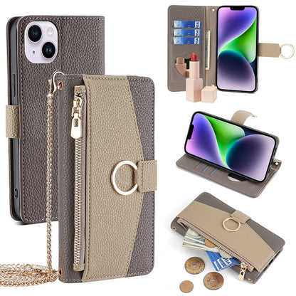iPhone 14 Plus Crossbody Phone Case with Litchi Texture Leather, Adjustable Kickstand, Card Slots, Zipper Purse, Makeup Mirror, and TPU Protection