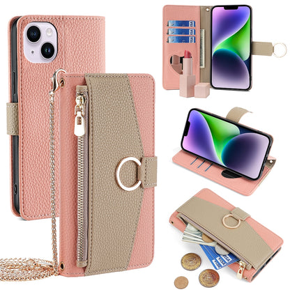 iPhone 14 Plus Crossbody Phone Case with Litchi Texture Leather, Adjustable Kickstand, Card Slots, Zipper Purse, Makeup Mirror, and TPU Protection
