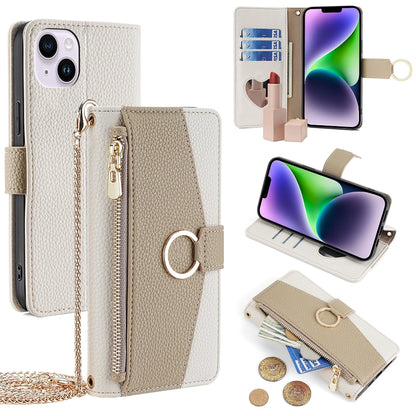iPhone 14 Plus Crossbody Phone Case with Litchi Texture Leather, Adjustable Kickstand, Card Slots, Zipper Purse, Makeup Mirror, and TPU Protection