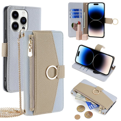 iPhone 14 Pro Crossbody Phone Case with Litchi Texture Leather, Adjustable Kickstand, Card Slots, Zipper Purse, Makeup Mirror, and TPU Protection