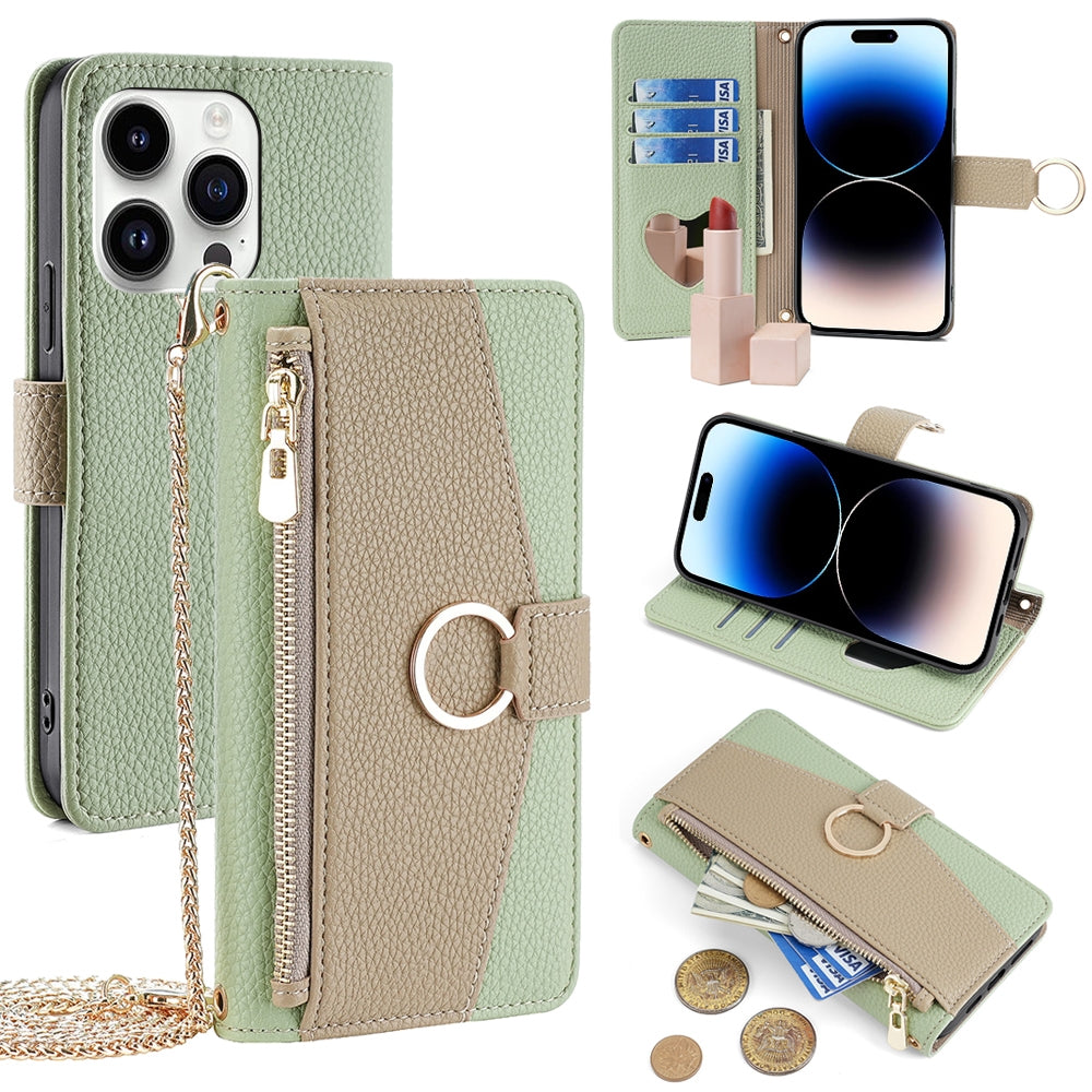 iPhone 14 Pro Crossbody Phone Case with Litchi Texture Leather, Adjustable Kickstand, Card Slots, Zipper Purse, Makeup Mirror, and TPU Protection