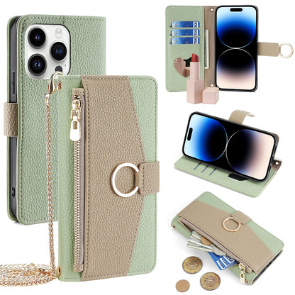 iPhone 14 Pro Crossbody Phone Case with Litchi Texture Leather, Adjustable Kickstand, Card Slots, Zipper Purse, Makeup Mirror, and TPU Protection