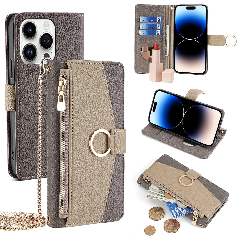 iPhone 14 Pro Crossbody Phone Case with Litchi Texture Leather, Adjustable Kickstand, Card Slots, Zipper Purse, Makeup Mirror, and TPU Protection