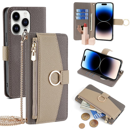 iPhone 14 Pro Crossbody Phone Case with Litchi Texture Leather, Adjustable Kickstand, Card Slots, Zipper Purse, Makeup Mirror, and TPU Protection