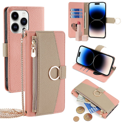 iPhone 14 Pro Crossbody Phone Case with Litchi Texture Leather, Adjustable Kickstand, Card Slots, Zipper Purse, Makeup Mirror, and TPU Protection