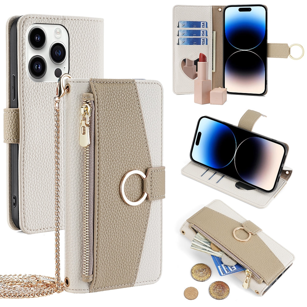 iPhone 14 Pro Crossbody Phone Case with Litchi Texture Leather, Adjustable Kickstand, Card Slots, Zipper Purse, Makeup Mirror, and TPU Protection
