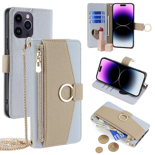 iPhone 14 Pro Max Crossbody Phone Case with Litchi Texture Leather, Adjustable Kickstand, Card Slots, Zipper Purse, Makeup Mirror, and TPU Protection