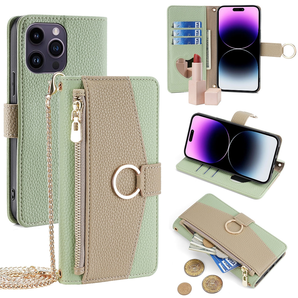 iPhone 14 Pro Max Crossbody Phone Case with Litchi Texture Leather, Adjustable Kickstand, Card Slots, Zipper Purse, Makeup Mirror, and TPU Protection
