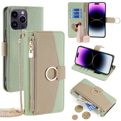 iPhone 14 Pro Max Crossbody Phone Case with Litchi Texture Leather, Adjustable Kickstand, Card Slots, Zipper Purse, Makeup Mirror, and TPU Protection