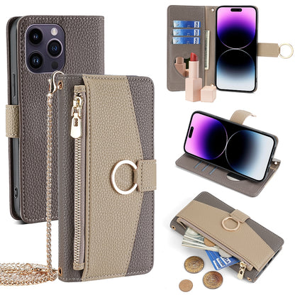 iPhone 14 Pro Max Crossbody Phone Case with Litchi Texture Leather, Adjustable Kickstand, Card Slots, Zipper Purse, Makeup Mirror, and TPU Protection