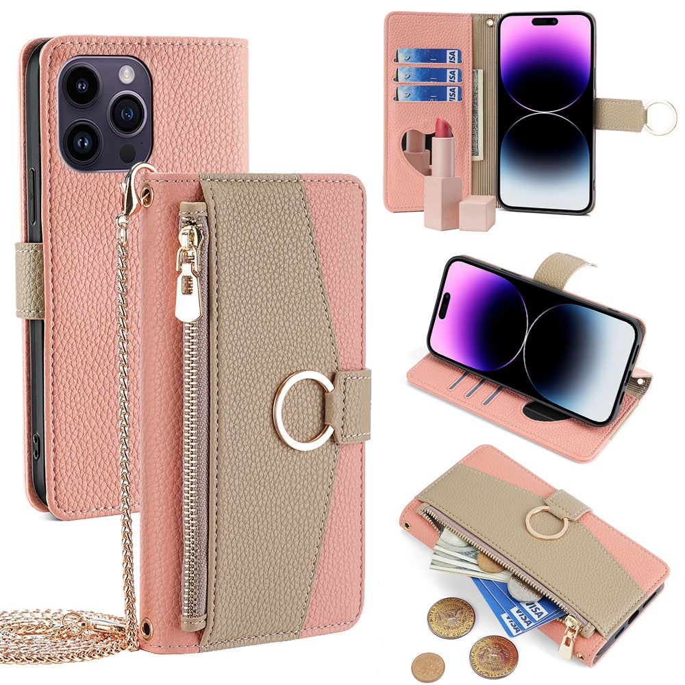 iPhone 14 Pro Max Crossbody Phone Case with Litchi Texture Leather, Adjustable Kickstand, Card Slots, Zipper Purse, Makeup Mirror, and TPU Protection