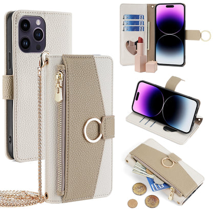 iPhone 14 Pro Max Crossbody Phone Case with Litchi Texture Leather, Adjustable Kickstand, Card Slots, Zipper Purse, Makeup Mirror, and TPU Protection