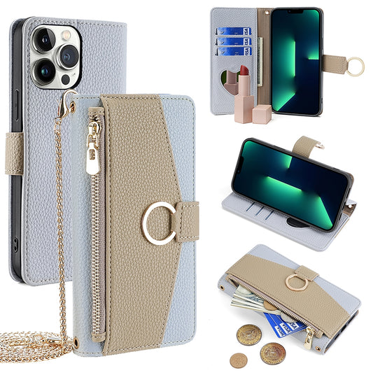 iPhone 13 Pro Max Crossbody Phone Case with Litchi Texture Leather, Adjustable Kickstand, Card Slots, Zipper Purse, Makeup Mirror, and TPU Protection