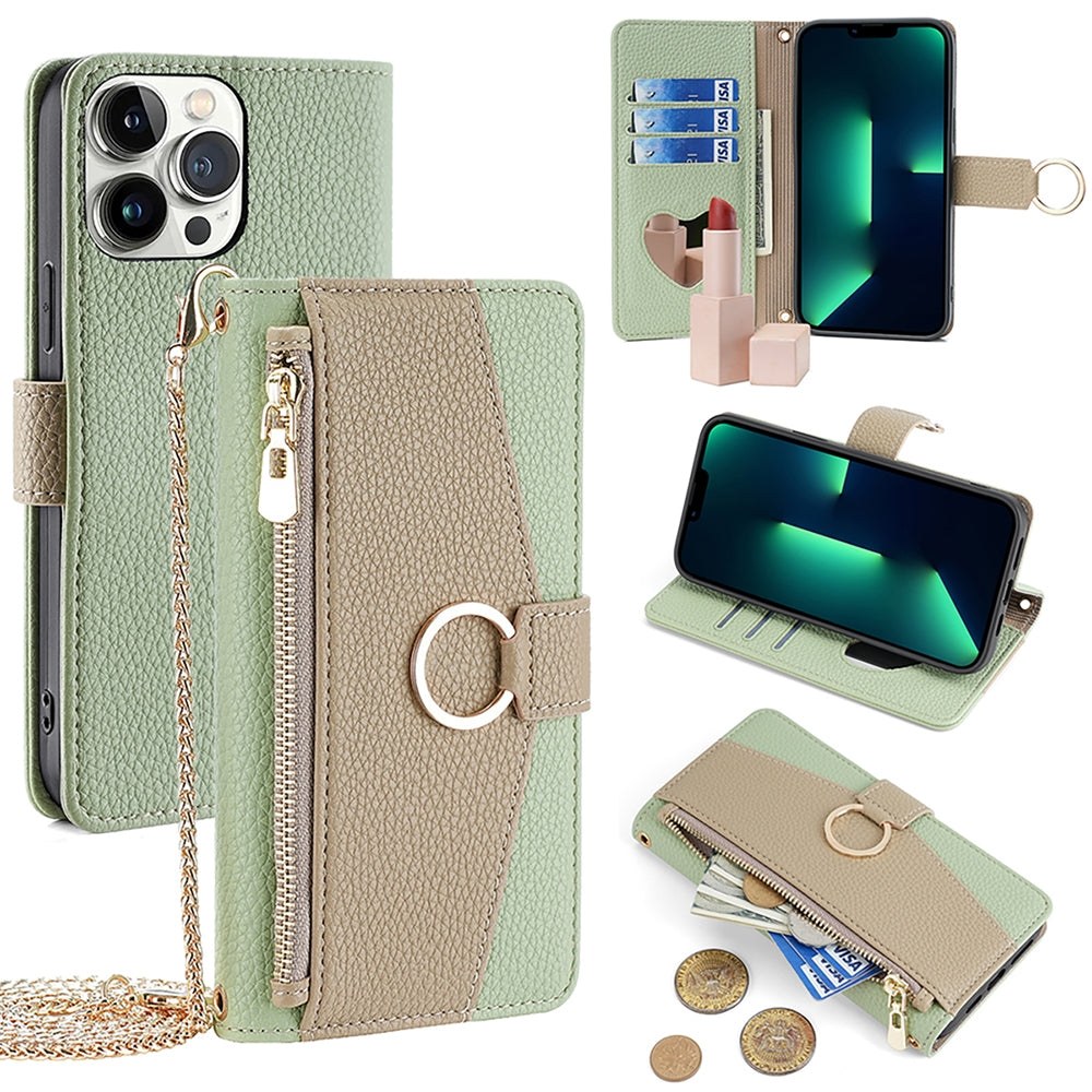 iPhone 13 Pro Max Crossbody Phone Case with Litchi Texture Leather, Adjustable Kickstand, Card Slots, Zipper Purse, Makeup Mirror, and TPU Protection