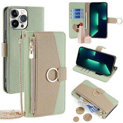 iPhone 13 Pro Max Crossbody Phone Case with Litchi Texture Leather, Adjustable Kickstand, Card Slots, Zipper Purse, Makeup Mirror, and TPU Protection