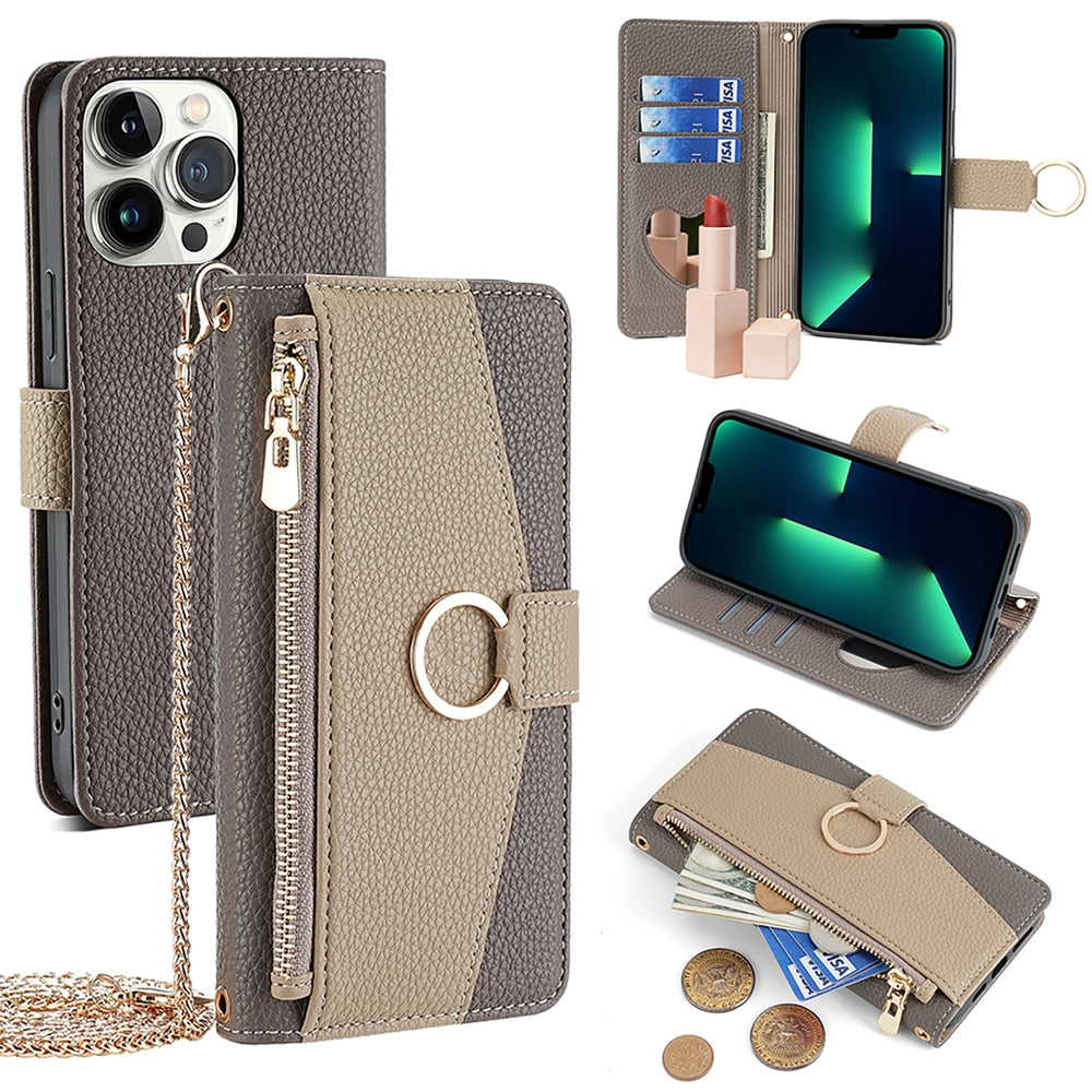 iPhone 13 Pro Max Crossbody Phone Case with Litchi Texture Leather, Adjustable Kickstand, Card Slots, Zipper Purse, Makeup Mirror, and TPU Protection