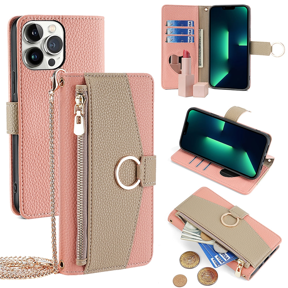 iPhone 13 Pro Max Crossbody Phone Case with Litchi Texture Leather, Adjustable Kickstand, Card Slots, Zipper Purse, Makeup Mirror, and TPU Protection