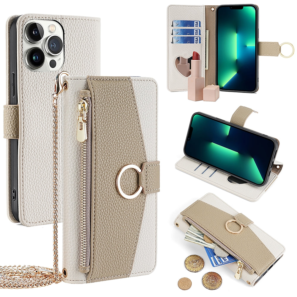 iPhone 13 Pro Max Crossbody Phone Case with Litchi Texture Leather, Adjustable Kickstand, Card Slots, Zipper Purse, Makeup Mirror, and TPU Protection