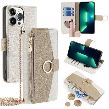 iPhone 13 Pro Max Crossbody Phone Case with Litchi Texture Leather, Adjustable Kickstand, Card Slots, Zipper Purse, Makeup Mirror, and TPU Protection