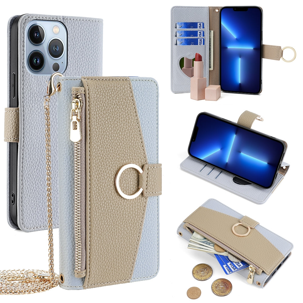 iPhone 13 Pro Crossbody Phone Case with Litchi Texture Leather, Adjustable Kickstand, Card Slots, Zipper Purse, Makeup Mirror, and TPU Protection