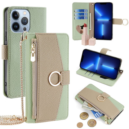 iPhone 13 Pro Crossbody Phone Case with Litchi Texture Leather, Adjustable Kickstand, Card Slots, Zipper Purse, Makeup Mirror, and TPU Protection