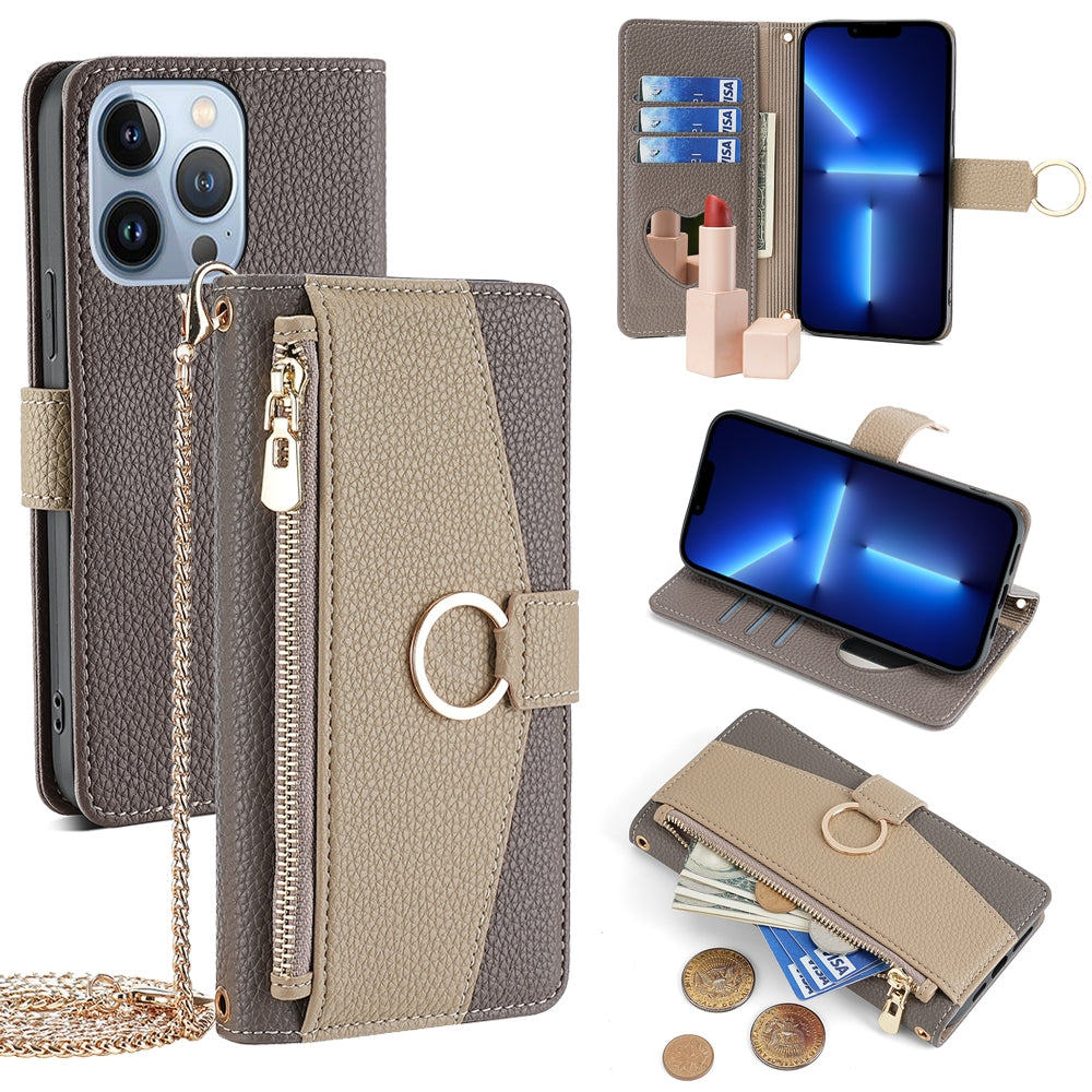iPhone 13 Pro Crossbody Phone Case with Litchi Texture Leather, Adjustable Kickstand, Card Slots, Zipper Purse, Makeup Mirror, and TPU Protection