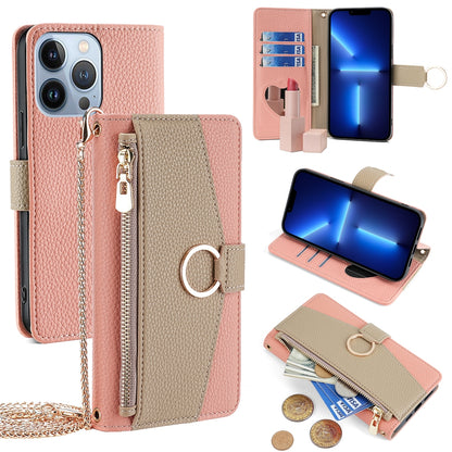 iPhone 13 Pro Crossbody Phone Case with Litchi Texture Leather, Adjustable Kickstand, Card Slots, Zipper Purse, Makeup Mirror, and TPU Protection
