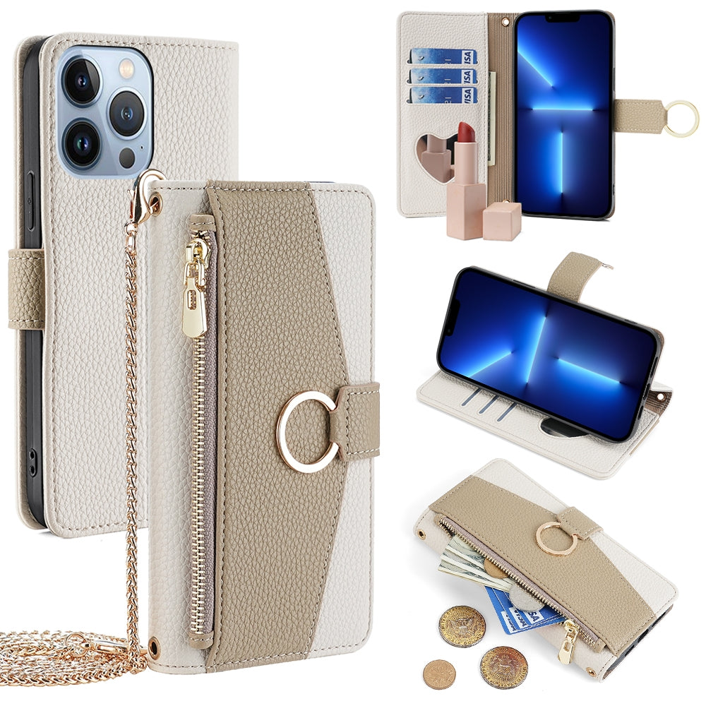 iPhone 13 Pro Crossbody Phone Case with Litchi Texture Leather, Adjustable Kickstand, Card Slots, Zipper Purse, Makeup Mirror, and TPU Protection
