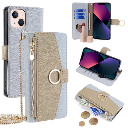iPhone 13 Crossbody Phone Case with Litchi Texture Leather, Adjustable Kickstand, Card Slots, Zipper Purse, Makeup Mirror, and TPU Protection