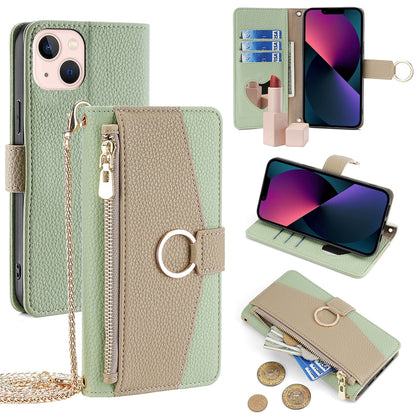 iPhone 13 Crossbody Phone Case with Litchi Texture Leather, Adjustable Kickstand, Card Slots, Zipper Purse, Makeup Mirror, and TPU Protection