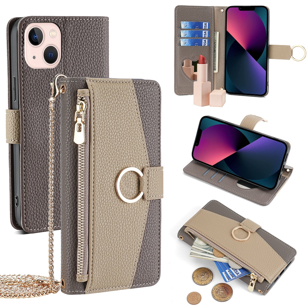 iPhone 13 Crossbody Phone Case with Litchi Texture Leather, Adjustable Kickstand, Card Slots, Zipper Purse, Makeup Mirror, and TPU Protection