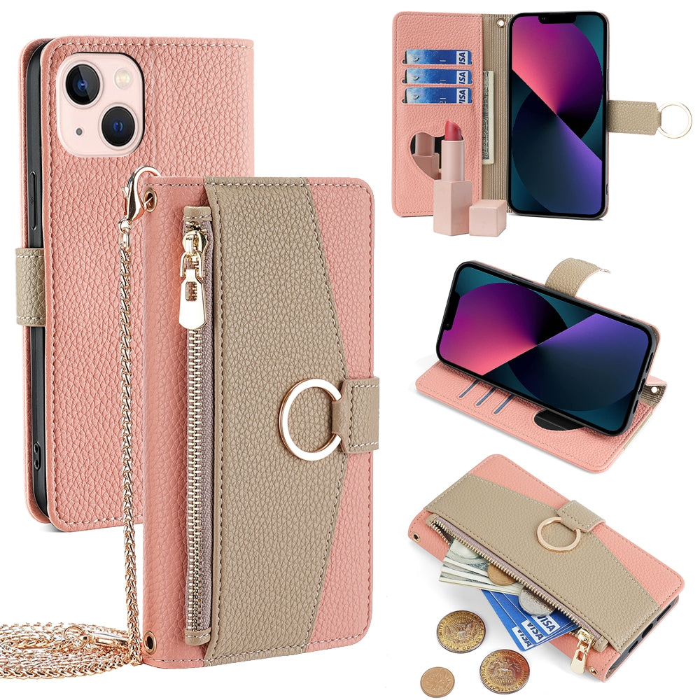 iPhone 13 Crossbody Phone Case with Litchi Texture Leather, Adjustable Kickstand, Card Slots, Zipper Purse, Makeup Mirror, and TPU Protection