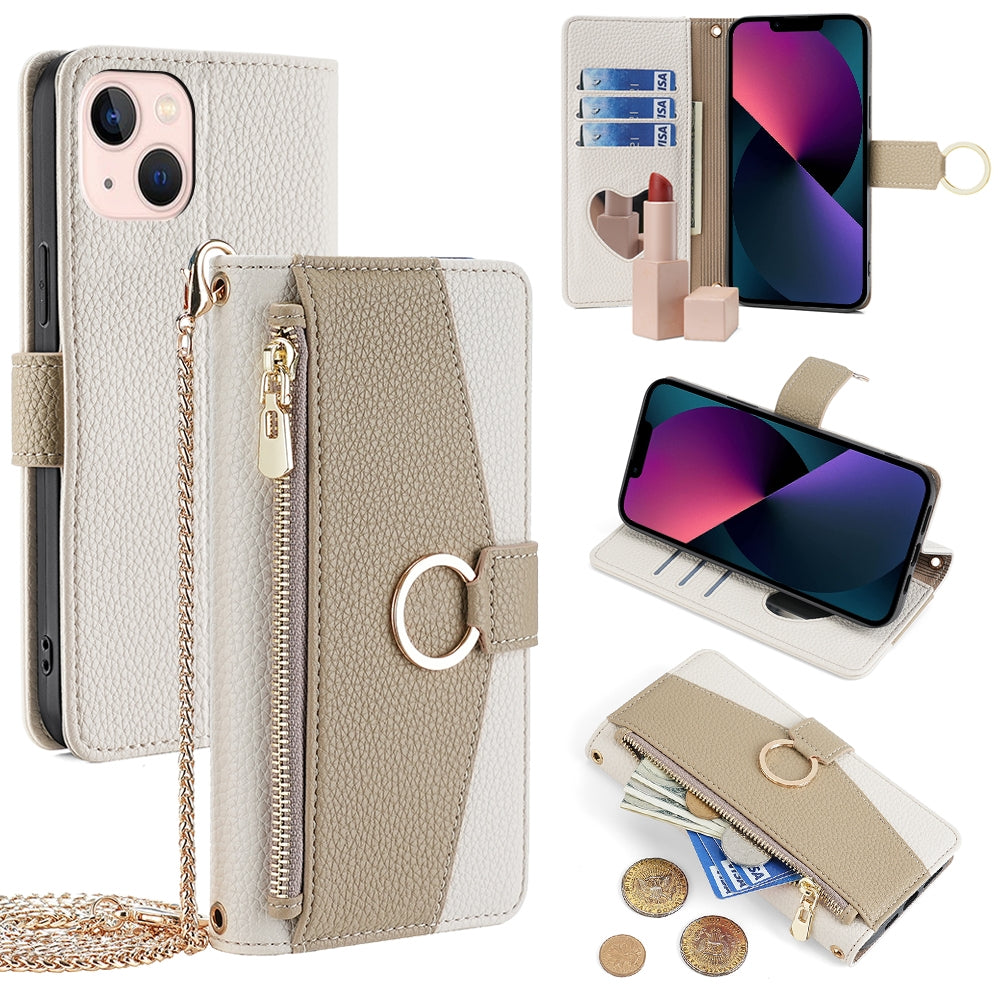 iPhone 13 Crossbody Phone Case with Litchi Texture Leather, Adjustable Kickstand, Card Slots, Zipper Purse, Makeup Mirror, and TPU Protection