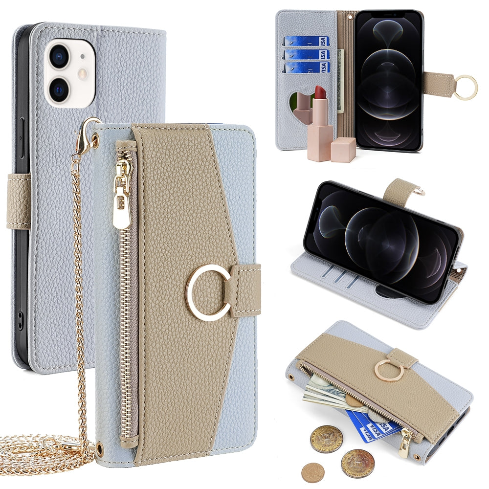 iPhone 12/12 Pro Crossbody Phone Case with Litchi Texture Leather, Adjustable Kickstand, Card Slots, Zipper Purse, Makeup Mirror, and TPU Protection