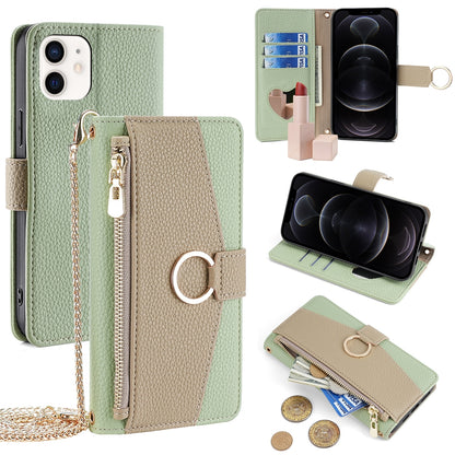 iPhone 12/12 Pro Crossbody Phone Case with Litchi Texture Leather, Adjustable Kickstand, Card Slots, Zipper Purse, Makeup Mirror, and TPU Protection