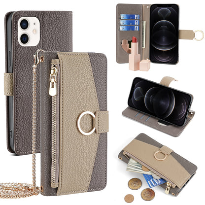 iPhone 12/12 Pro Crossbody Phone Case with Litchi Texture Leather, Adjustable Kickstand, Card Slots, Zipper Purse, Makeup Mirror, and TPU Protection