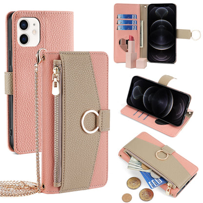 iPhone 12/12 Pro Crossbody Phone Case with Litchi Texture Leather, Adjustable Kickstand, Card Slots, Zipper Purse, Makeup Mirror, and TPU Protection