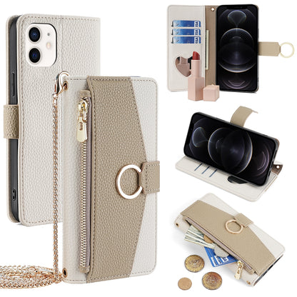 iPhone 12/12 Pro Crossbody Phone Case with Litchi Texture Leather, Adjustable Kickstand, Card Slots, Zipper Purse, Makeup Mirror, and TPU Protection