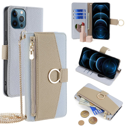 iPhone 12 Pro Max Crossbody Phone Case with Litchi Texture Leather, Adjustable Kickstand, Card Slots, Zipper Purse, Makeup Mirror, and TPU Protection