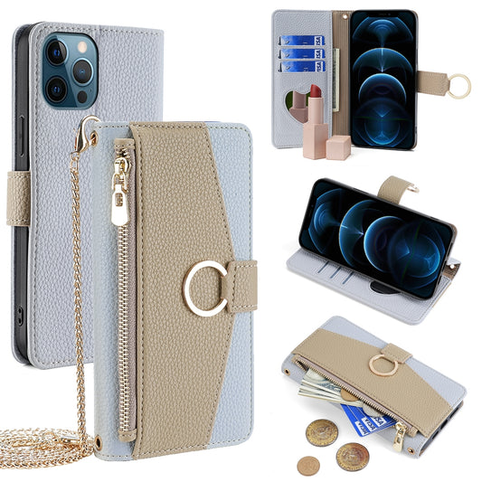 iPhone 12 Pro Max Crossbody Phone Case with Litchi Texture Leather, Adjustable Kickstand, Card Slots, Zipper Purse, Makeup Mirror, and TPU Protection