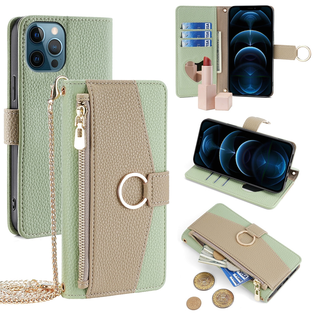 iPhone 12 Pro Max Crossbody Phone Case with Litchi Texture Leather, Adjustable Kickstand, Card Slots, Zipper Purse, Makeup Mirror, and TPU Protection