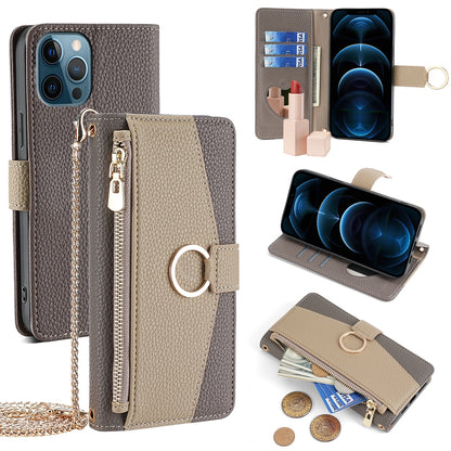 iPhone 12 Pro Max Crossbody Phone Case with Litchi Texture Leather, Adjustable Kickstand, Card Slots, Zipper Purse, Makeup Mirror, and TPU Protection