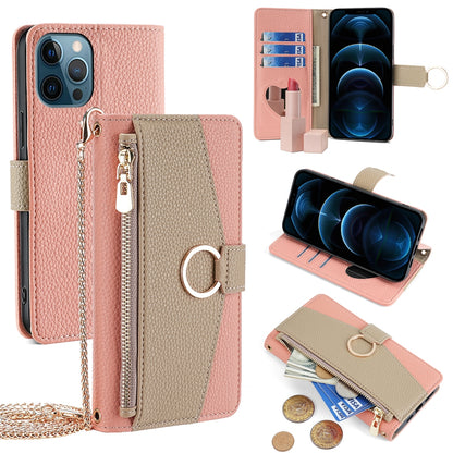 iPhone 12 Pro Max Crossbody Phone Case with Litchi Texture Leather, Adjustable Kickstand, Card Slots, Zipper Purse, Makeup Mirror, and TPU Protection