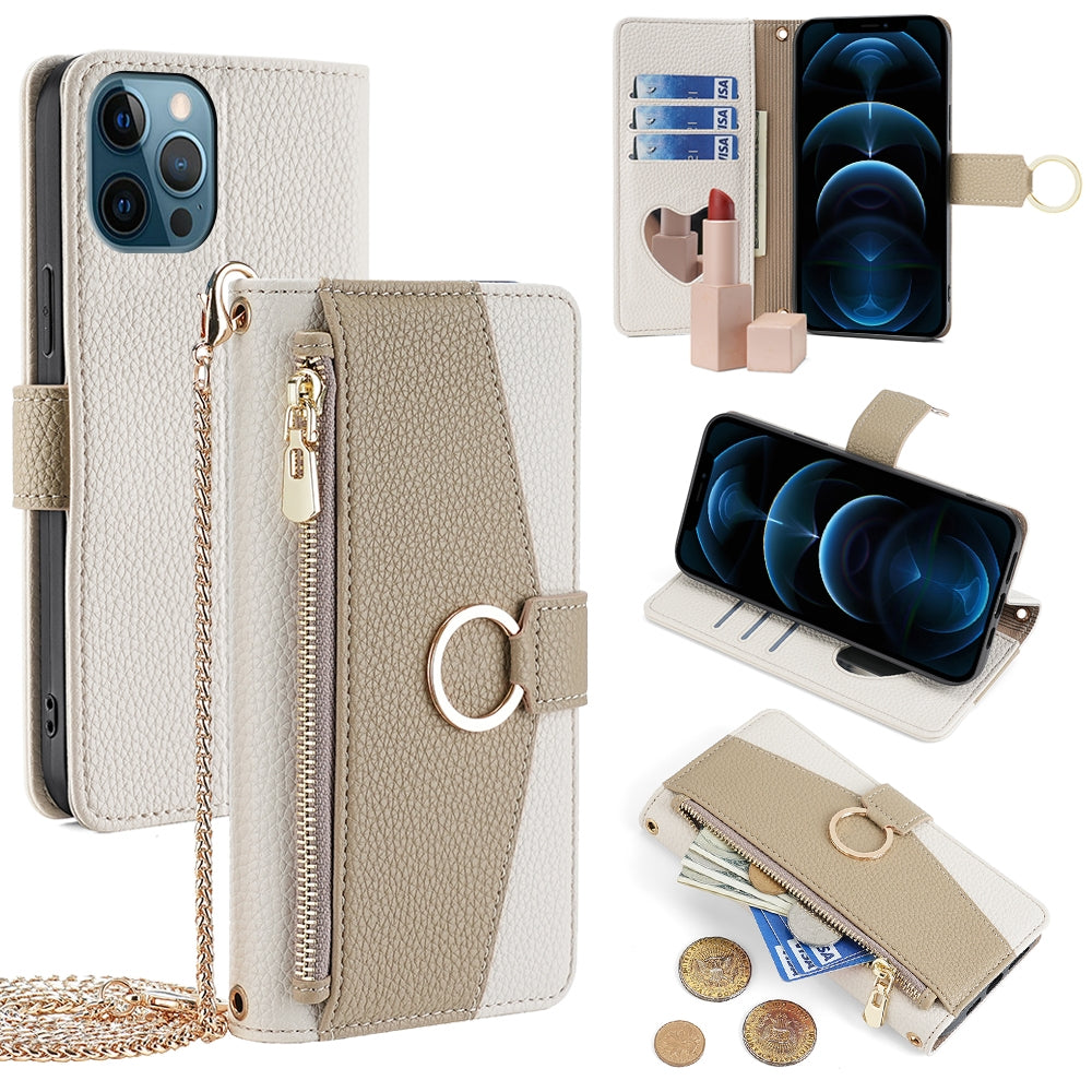 iPhone 12 Pro Max Crossbody Phone Case with Litchi Texture Leather, Adjustable Kickstand, Card Slots, Zipper Purse, Makeup Mirror, and TPU Protection