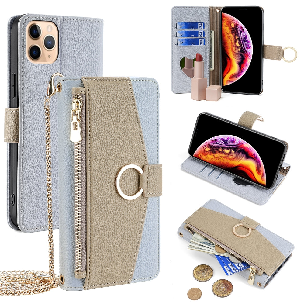 iPhone 11 Pro Max Crossbody Phone Case with Litchi Texture Leather, Adjustable Kickstand, Card Slots, Zipper Purse, Makeup Mirror, and TPU Protection