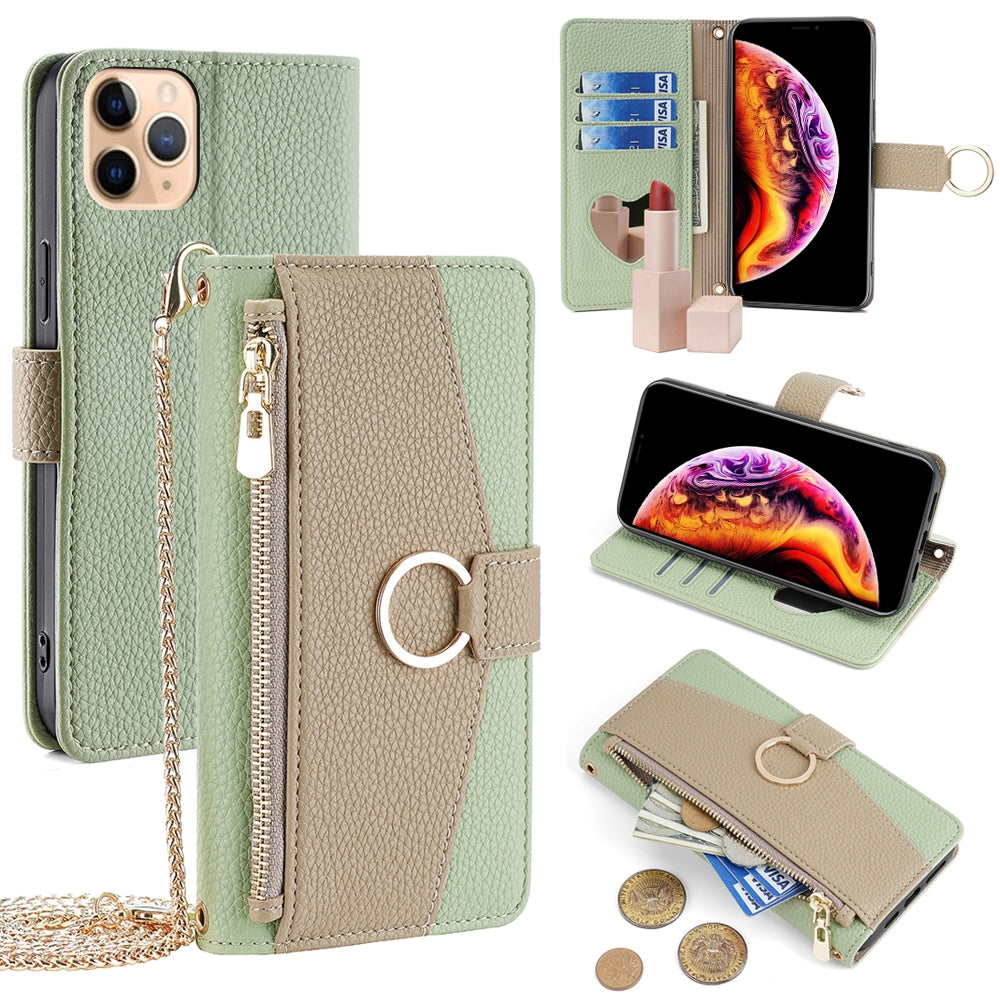 iPhone 11 Pro Max Crossbody Phone Case with Litchi Texture Leather, Adjustable Kickstand, Card Slots, Zipper Purse, Makeup Mirror, and TPU Protection
