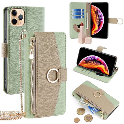 iPhone 11 Pro Max Crossbody Phone Case with Litchi Texture Leather, Adjustable Kickstand, Card Slots, Zipper Purse, Makeup Mirror, and TPU Protection