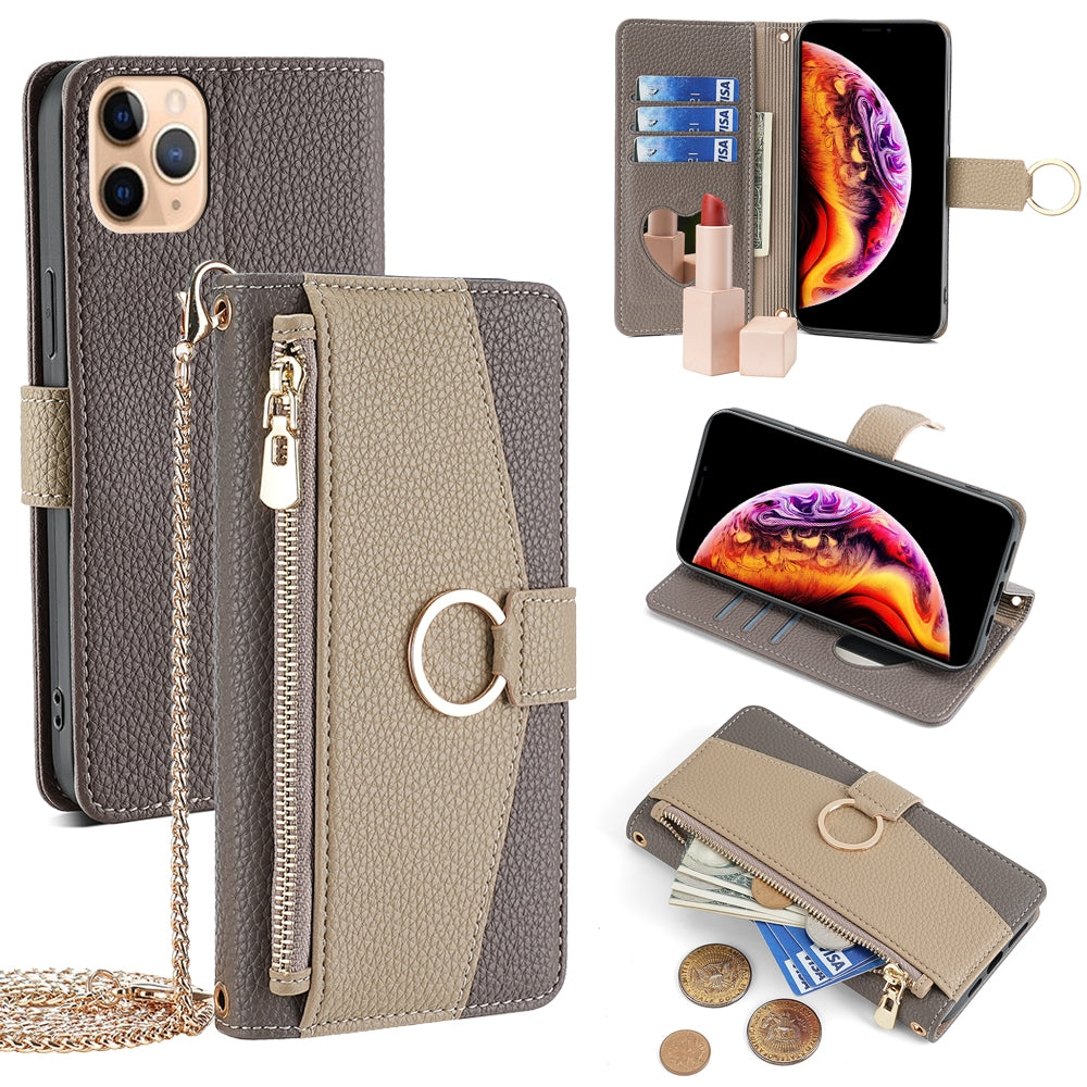 iPhone 11 Pro Max Crossbody Phone Case with Litchi Texture Leather, Adjustable Kickstand, Card Slots, Zipper Purse, Makeup Mirror, and TPU Protection